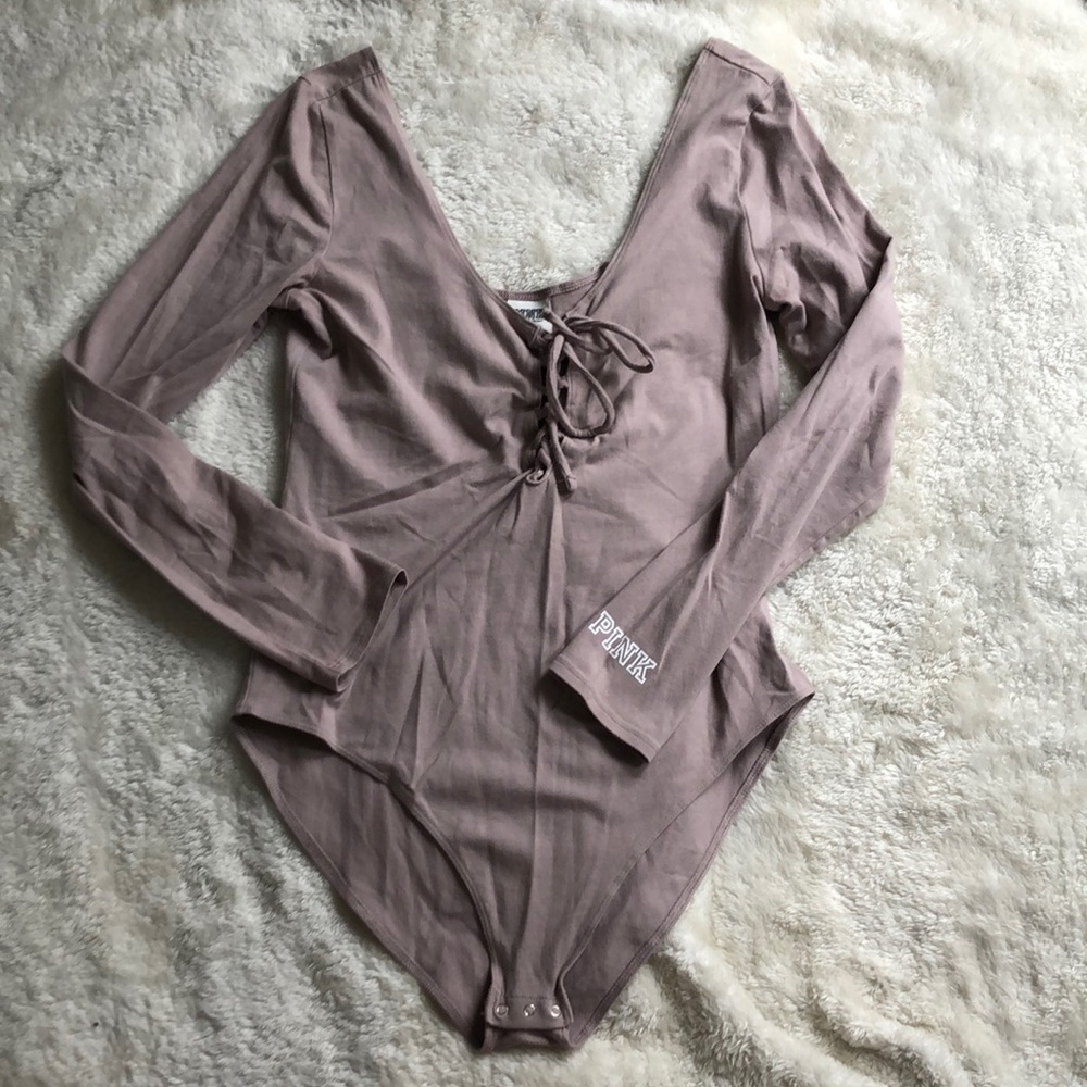 VS Pink Long-Sleeve Lace-Up Bodysuit